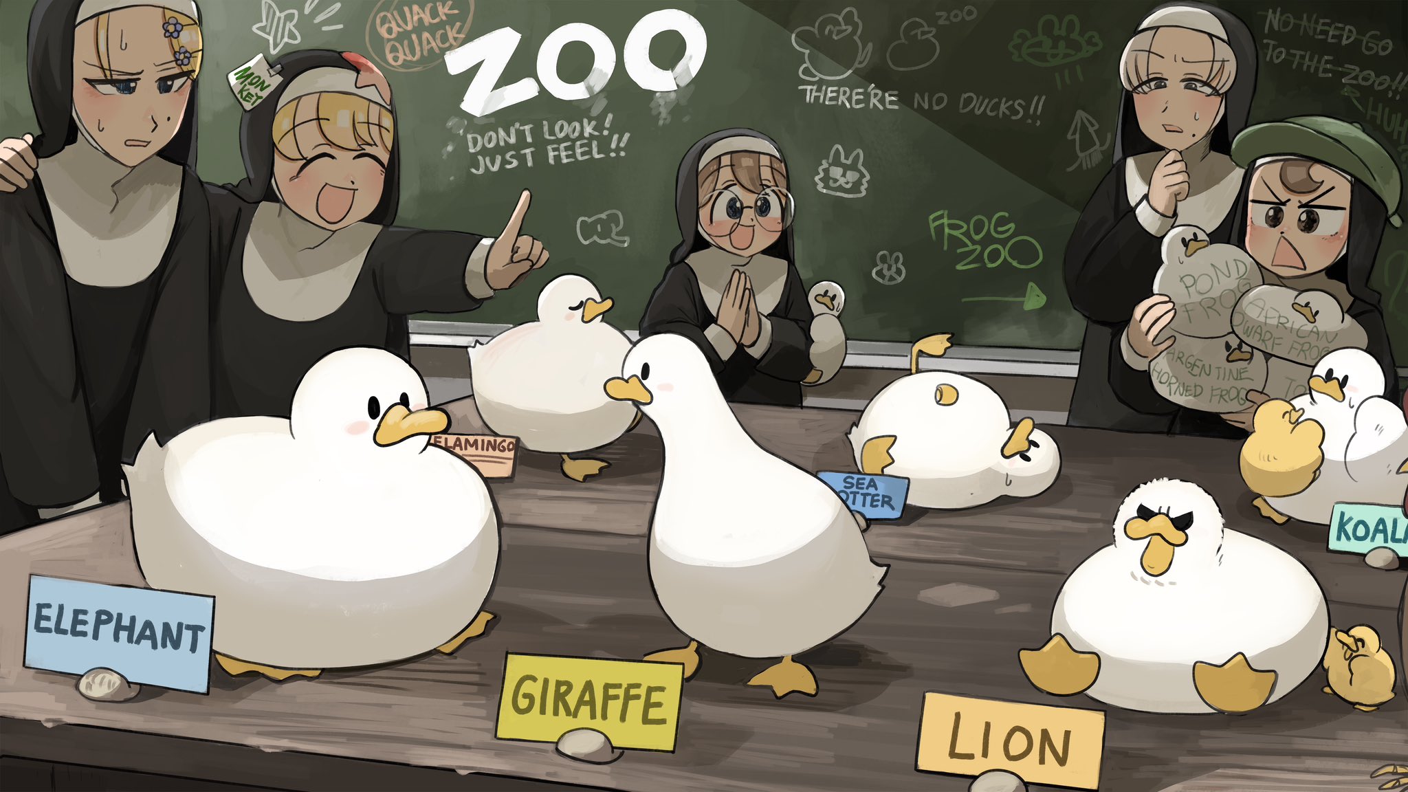 MON KET QUACK QUACK ZOO DON'T LOOK! JUST FEEL!! de 忍 200 THERE'RE NO DUCKS!! ELAMINGO SEA OTTER FROG ZOO POND FRO NO NEED GO TO THE 200!! AFRICAN WARF FRO ARGENTINE HORNED FROGS HUH ELEPHANT GIRAFFE LION KOAL