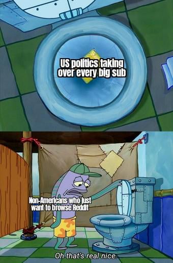 US politics taking over every big sub Non-Americans who just want to browse Reddit Oh that's real nice.