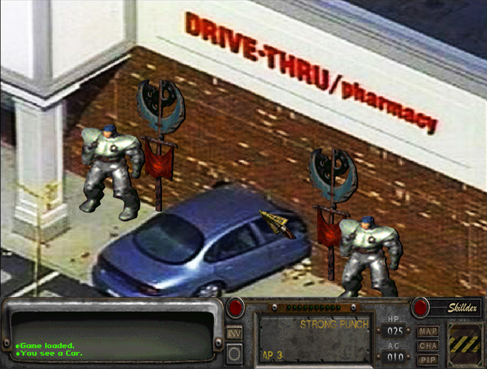 Game loaded. •You see a Car. DRIVE-THRU/pharmacy INV Ο AP 3 0000000OOD STRONG PUNCH Skilldex HP 025 MAP AC CHA 010 PIP