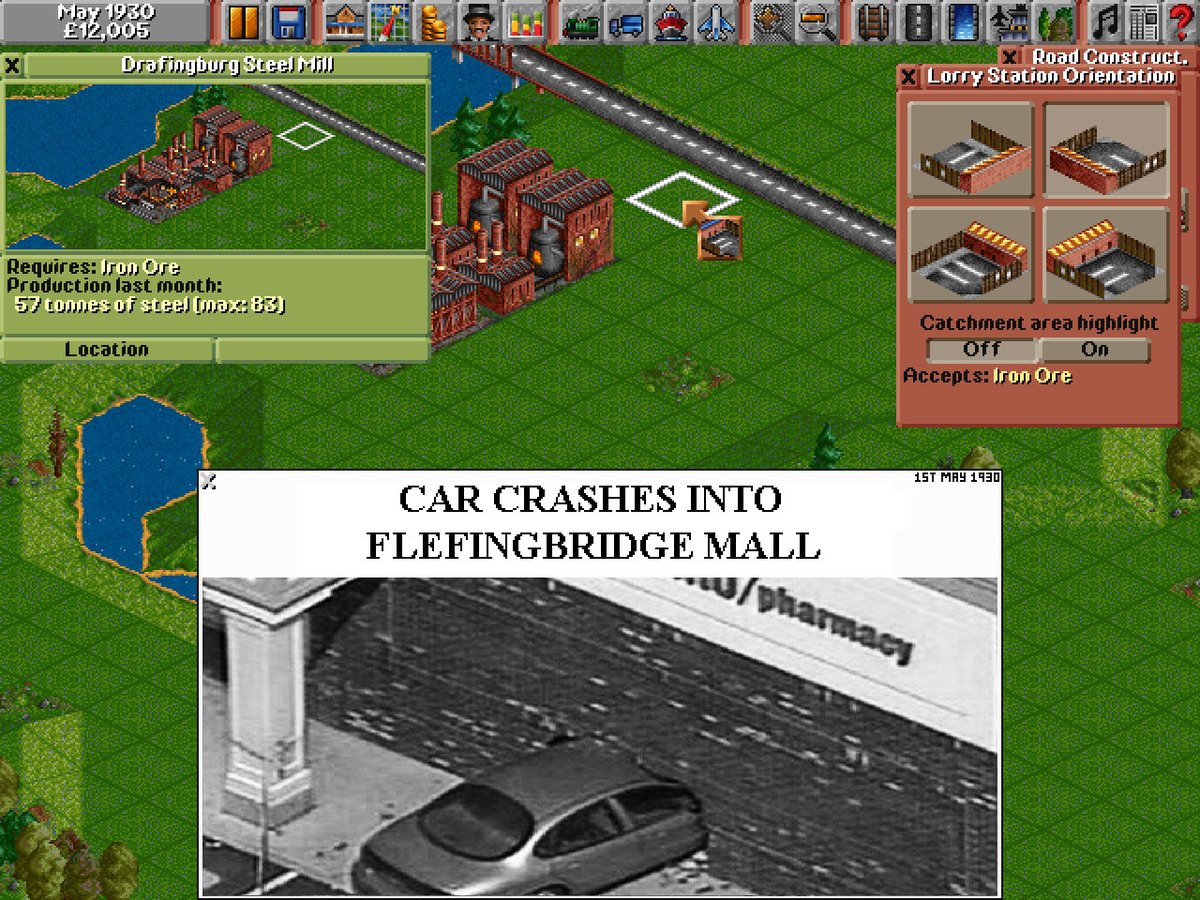 X May 1930 £12,005 Drafingburg Steel Mill Requires: Iron Ore Production last month: 57 tonnes of steel (max:83) Location xi Road Construct. X Lorry Station Orientation Catchment area highlight Off On Accepts: Iron Ore 1ST MAY 1930 CAR CRASHES INTO FLEFINGBRIDGE MALL u/pharmacy