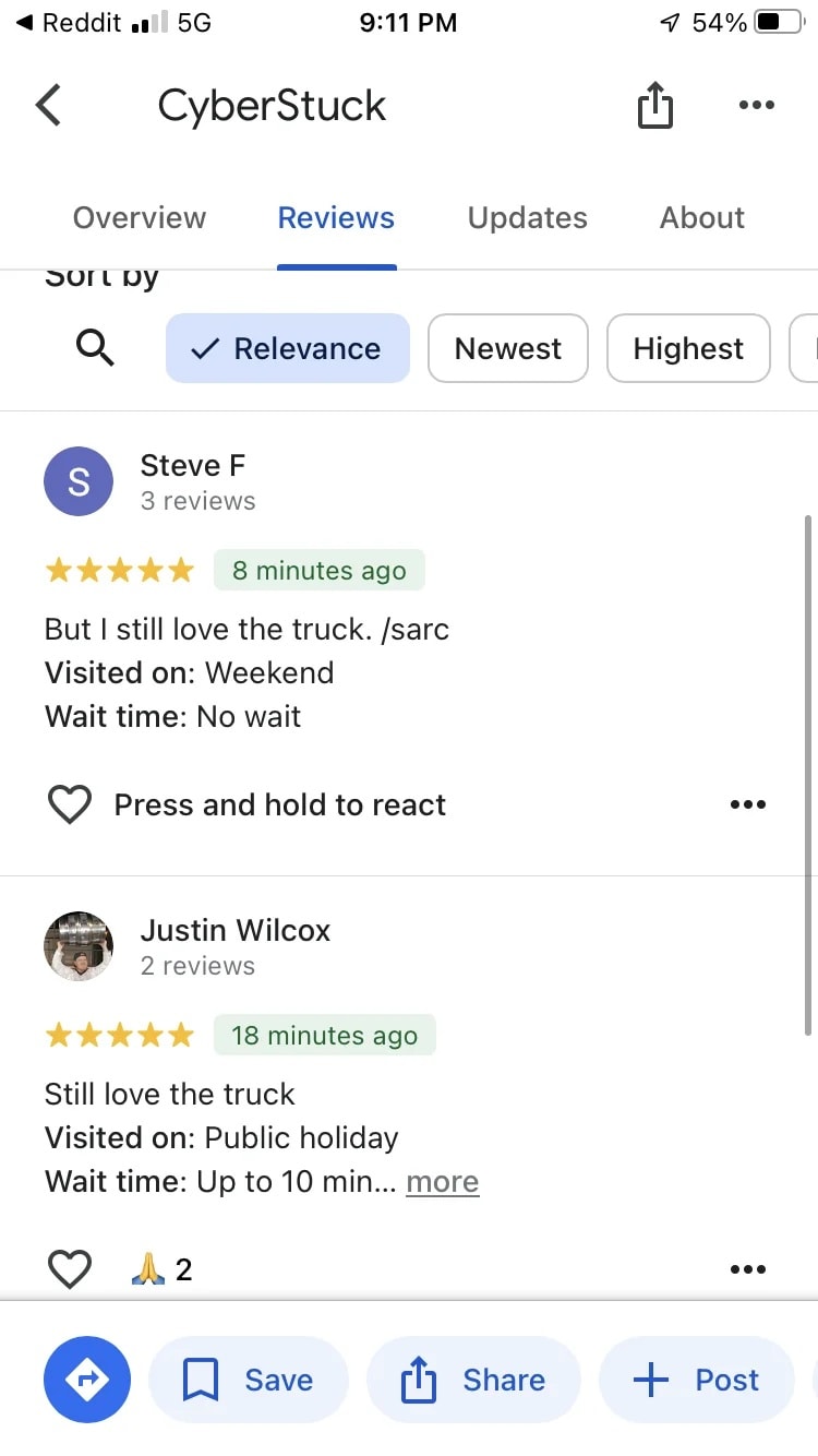 Reddit 5G 9:11 PM 1 54% CyberStuck Overview Reviews Updates About Sort by Q Relevance Newest Highest Steve F S 3 reviews 8 minutes ago But I still love the truck. /sarc Visited on: Weekend Wait time: No wait Press and hold to react Justin Wilcox 2 reviews 18 minutes ago Still love the truck Visited on: Public holiday Wait time: Up to 10 min... more A 2 Save Share + Post