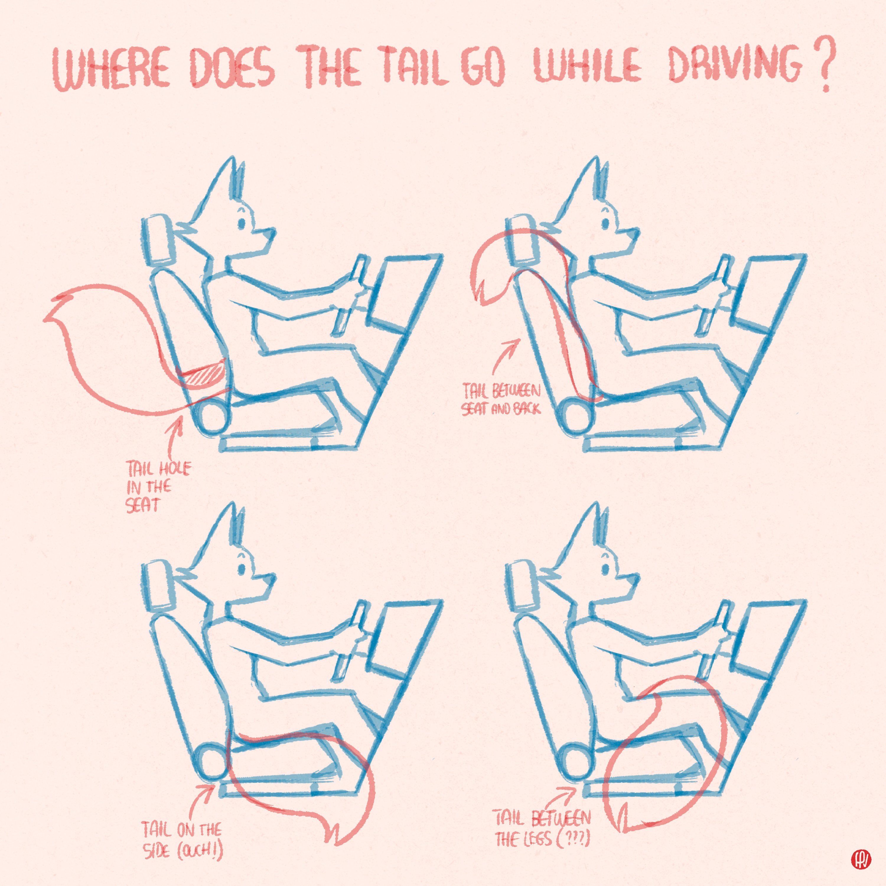 WHERE DOES THE TAIL GO WHILE DRIVING? TAIL HOLE IN THE SEAT TAIL ON THE SIDE (OUCH!) TAIL BETWEEN SEAT AND BACK TAIL BETWEEN THE LEGS (???) H