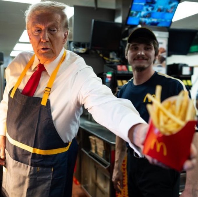 A photo of former U.S. President "Donald Trump":https://knowyourmeme.com/memes/people/donald-trump handing out "McDonald's":https://knowyourmeme.com/memes/subcultures/mcdonalds french fries taken during his October 2024 photo op at a Pennsylvania McDonald's. This photo of Trump working at McDonald's became a popular "reaction image":https://knowyourmeme.com/memes/reaction-images, "exploitable":https://knowyourmeme.com/memes/exploitables and "image macro":https://knowyourmeme.com/memes/image-macros in the following weeks. Many of the memes referenced the "catchphrase":https://knowyourmeme.com/memes/cultures/catchphrases "Just Put the Fries in the Bag":https://knowyourmeme.com/memes/just-put-my-fries-in-the-bag-bro. 