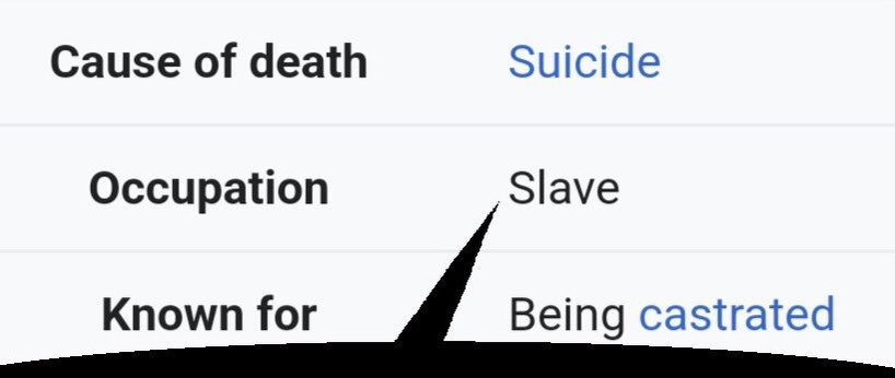 Cause of death Occupation Suicide Slave Known for Being castrated