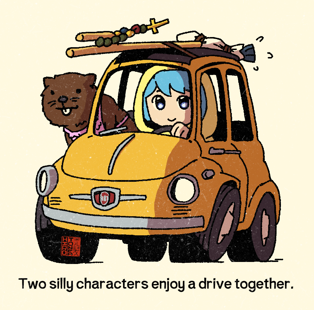 Two silly characters enjoy a drive together.