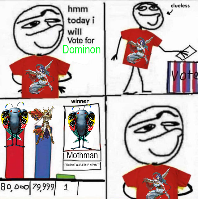 hmm today i will Vote for Dominon clueless winner Mothman *PReTenTIOUS liTtLE d------! 80,000|79,999/1 Vote