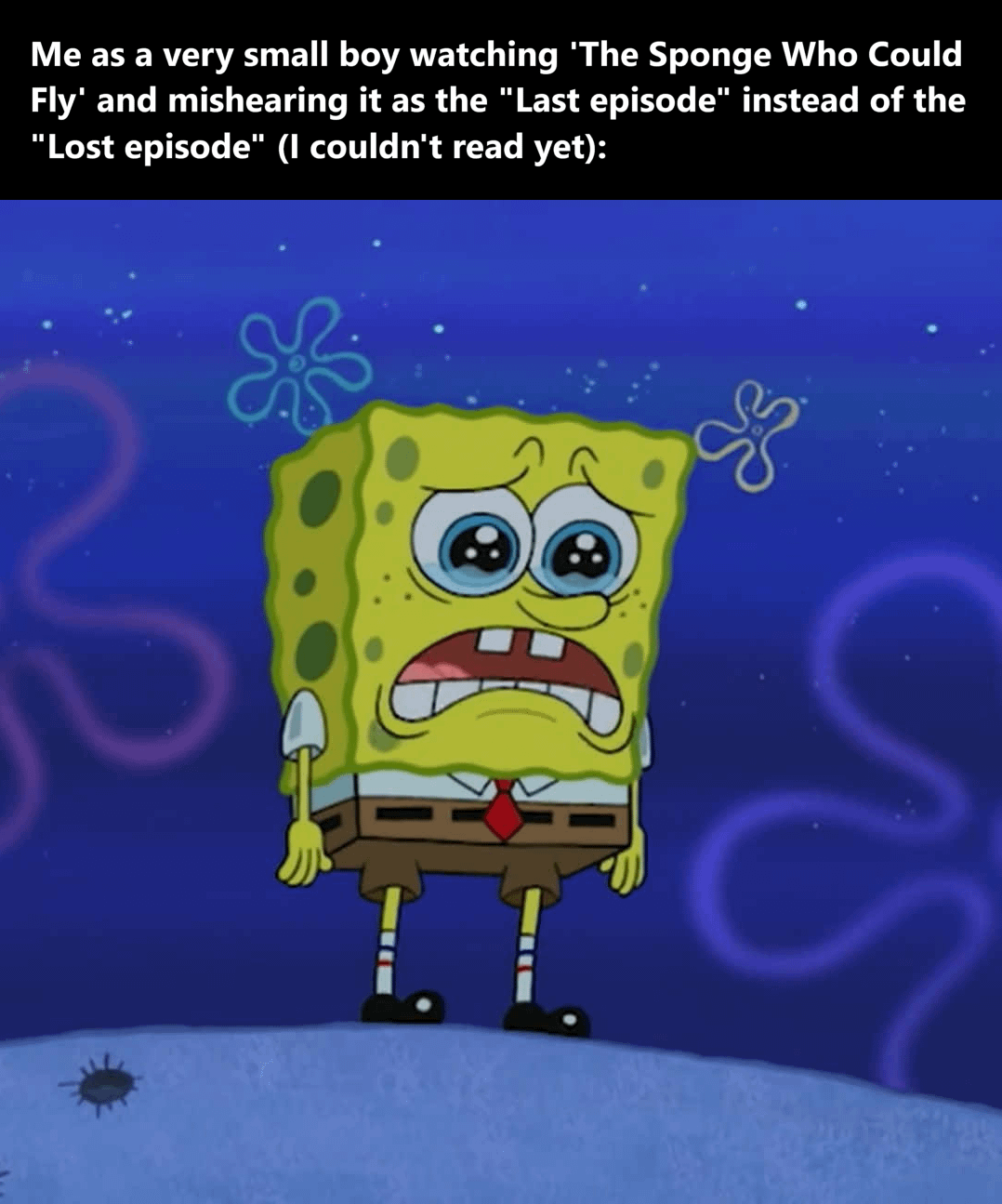 Me as a very small boy watching 'The Sponge Who Could Fly' and mishearing it as the "Last episode" instead of the "Lost episode" (I couldn't read yet):