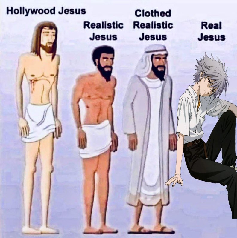 A Kaworu Nagisa meme based on the Hollywood Jesus, Realistic Jesus, Real Jesus format