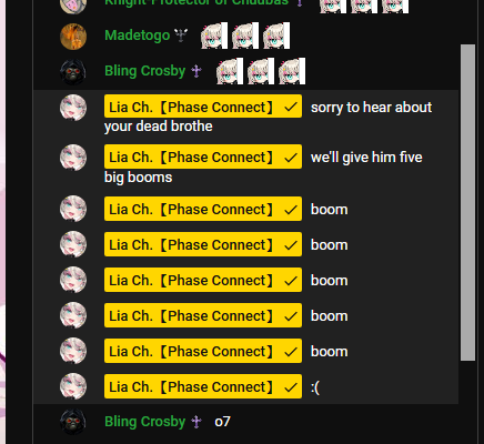 Madetogo** Bling Crosby + Lia Ch. [Phase Connect] your dead brothe sorry to hear about Lia Ch. [Phase Connect] we'll give him five big booms Lia Ch. [Phase Connect] ✓ boom Lia Ch. [Phase Connect] ✓ boom Lia Ch. 【Phase Connect] boom Lia Ch. [【Phase Connect] boom Lia Ch. [【Phase Connect] boom Lia Ch. [Phase Connect] ✓ :( Bling Crosby + 07