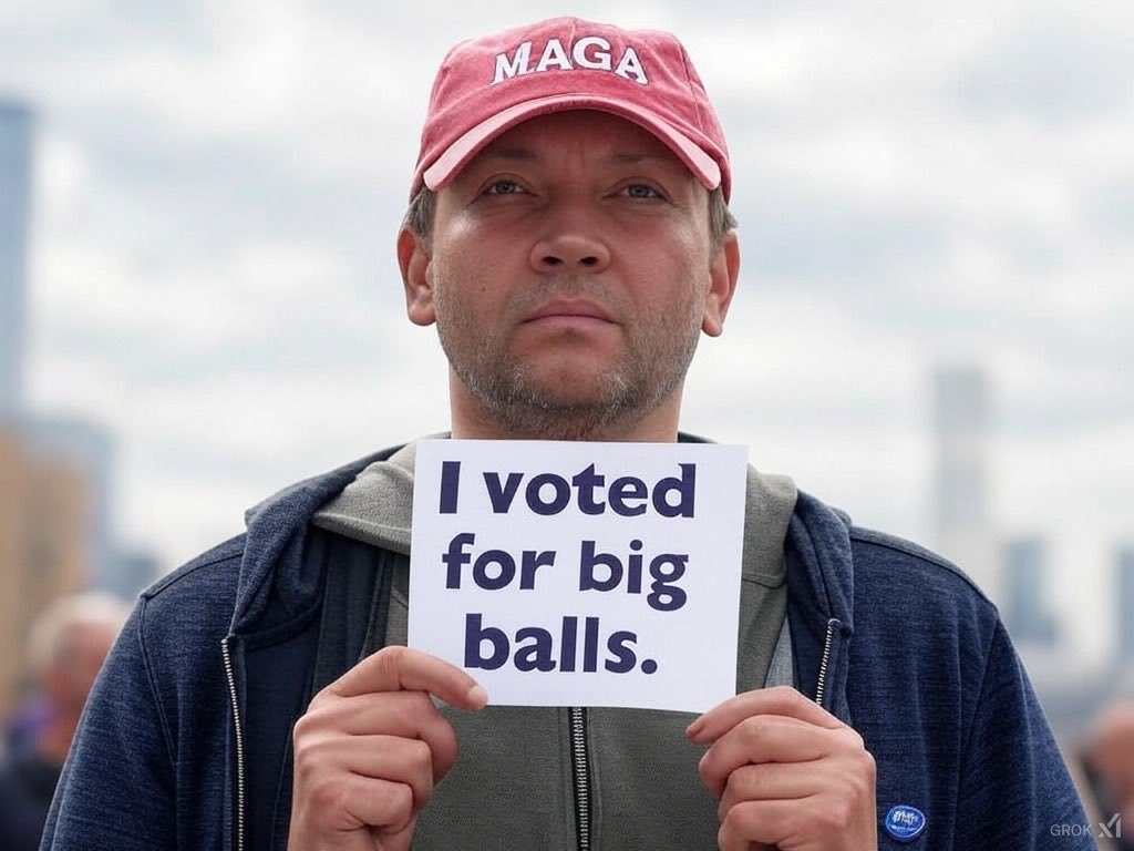 An AI-generated image of a man in a MAGA hat holding a paper with the words "I voted for big balls" on it, referencing DOGE staffer Edward "Big Balls" Coristine