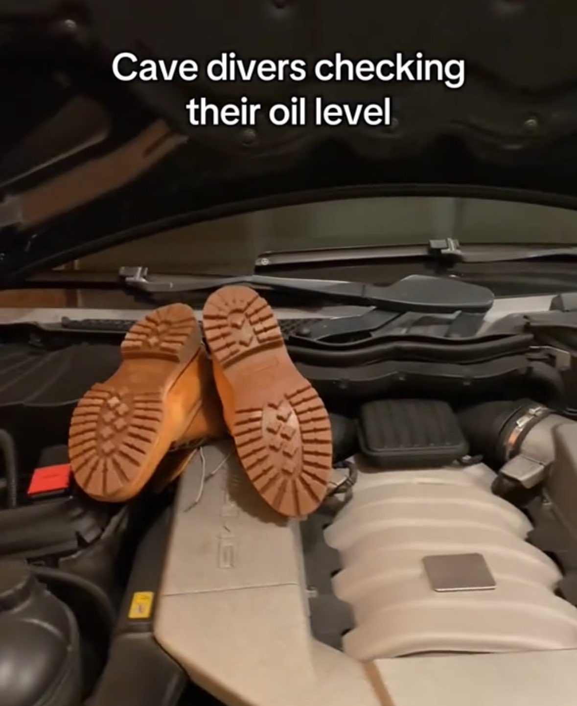 A "meme":https://knowyourmeme.com/memes/memes about cave divers checking their oil level, showing a pair of shoes sticking out of a car's hood. The meme was "reposted":https://knowyourmeme.com/memes/repost from a viral "TikTok":https://knowyourmeme.com/memes/sites/tiktok video.