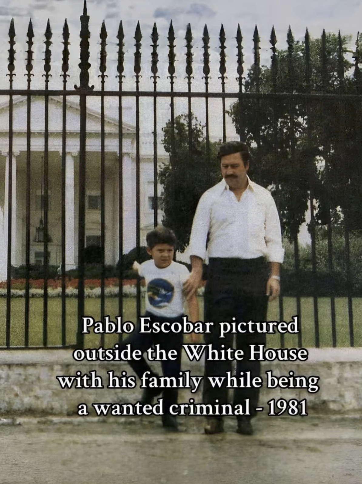 Pablo Escobar pictured outside the White House with his family while being a wanted criminal - 1981