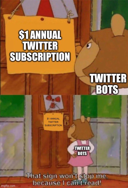 $1 ANNUAL TWITTER SUBSCRIPTION TWITTER BOTS $1 ANNUAL TWITTER SUBSCRIPTION TWITTER BOTS imgflip.com That sign won't stop me because I can't read!