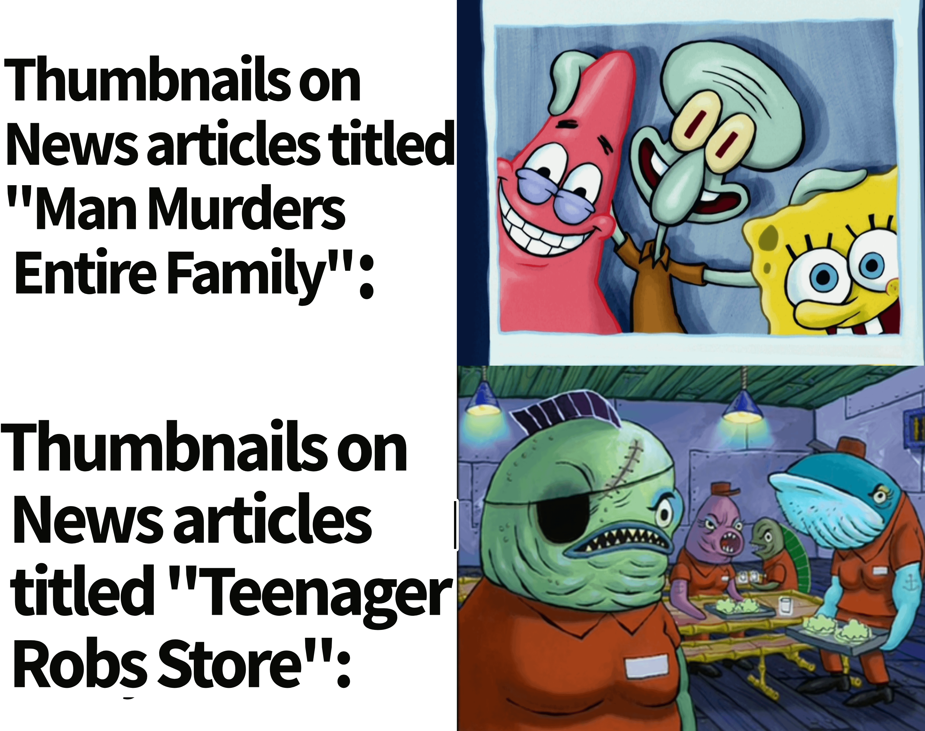 Thumbnails on News articles titled "Man Murders Entire Family": Thumbnails on News articles titled "Teenager Robs Store": TO