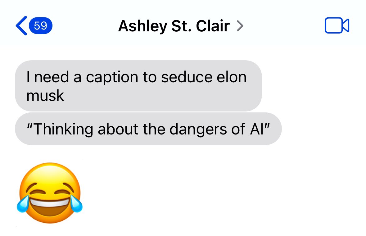 An alleged text message sent by Ashley St. Clair to Isabella Moody about "Elon Musk":https://knowyourmeme.com/memes/people/elon-musk.