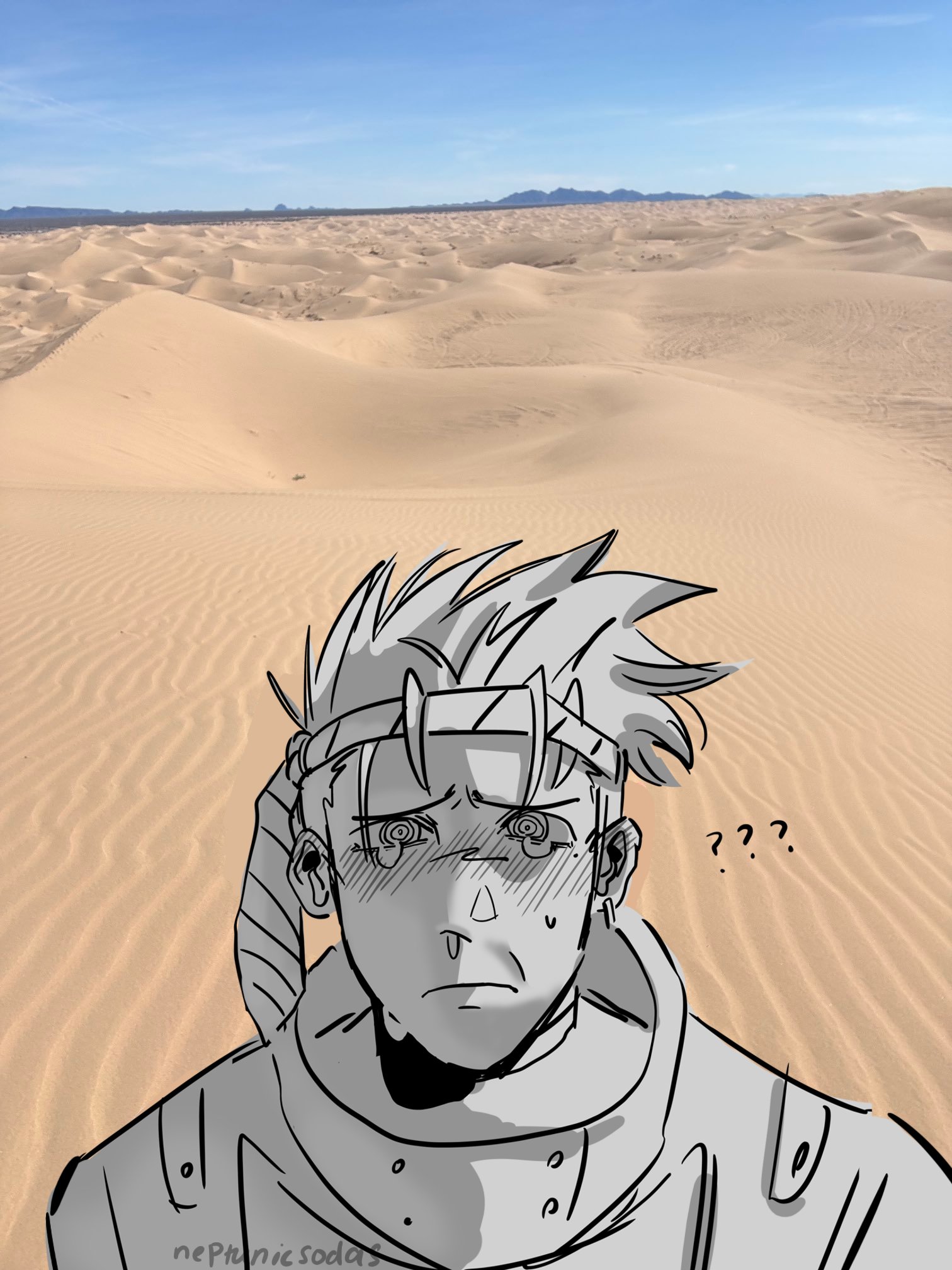 A Trigun Vash version of the Dan Hentschel in the Desert meme.