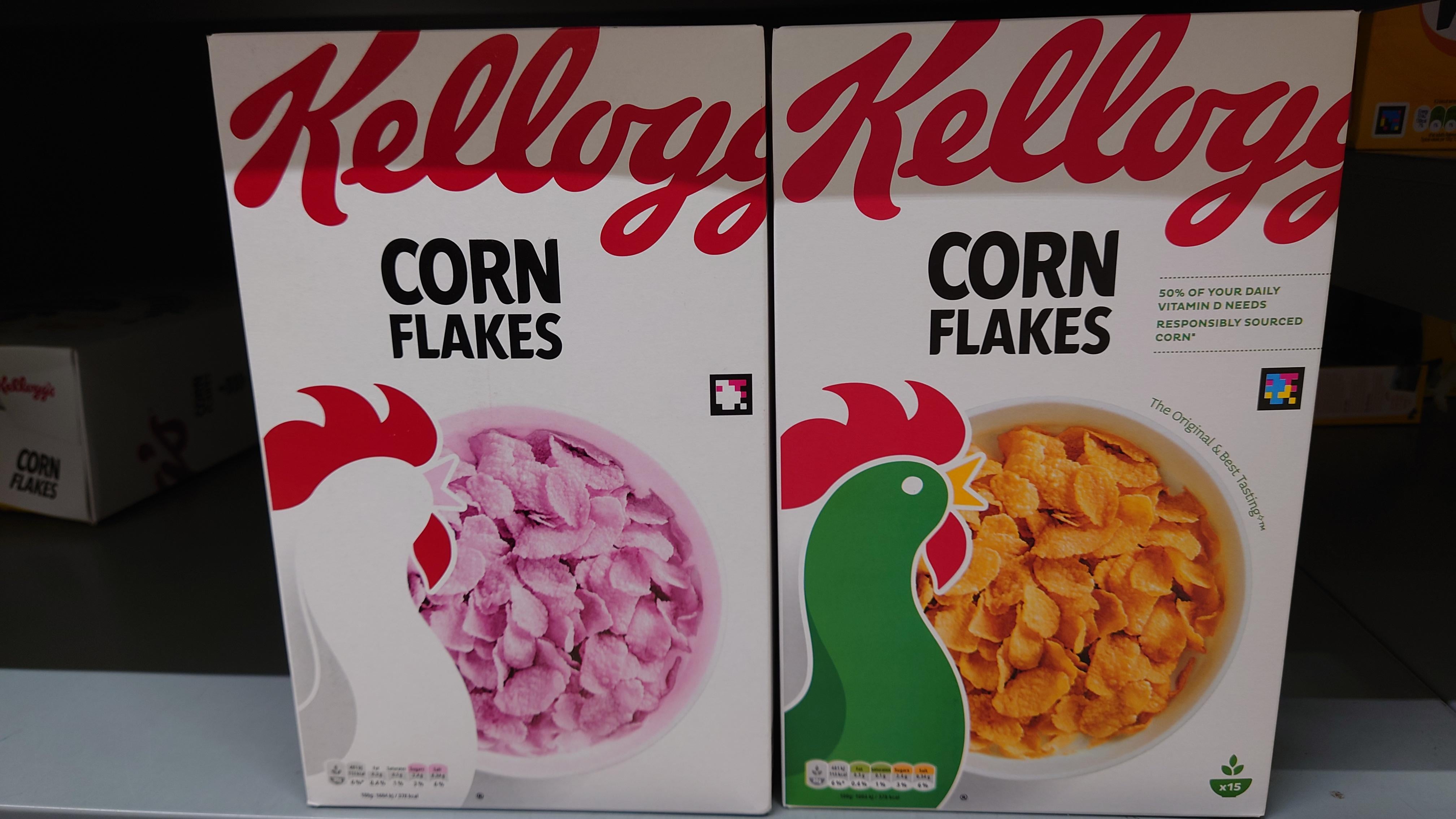Wallergy's CORN FLAKES Kelloy, Kelloy CORN FLAKES CORN FLAKES 50% OF YOUR DAILY VITAMIN D NEEDS RESPONSIBLY SOURCED CORN The Original & Best Tast 6% 44% 3% 10 1/7 3% 6% 4414 19/ Sugar Saik 819 244 4.14g 394 28 x15