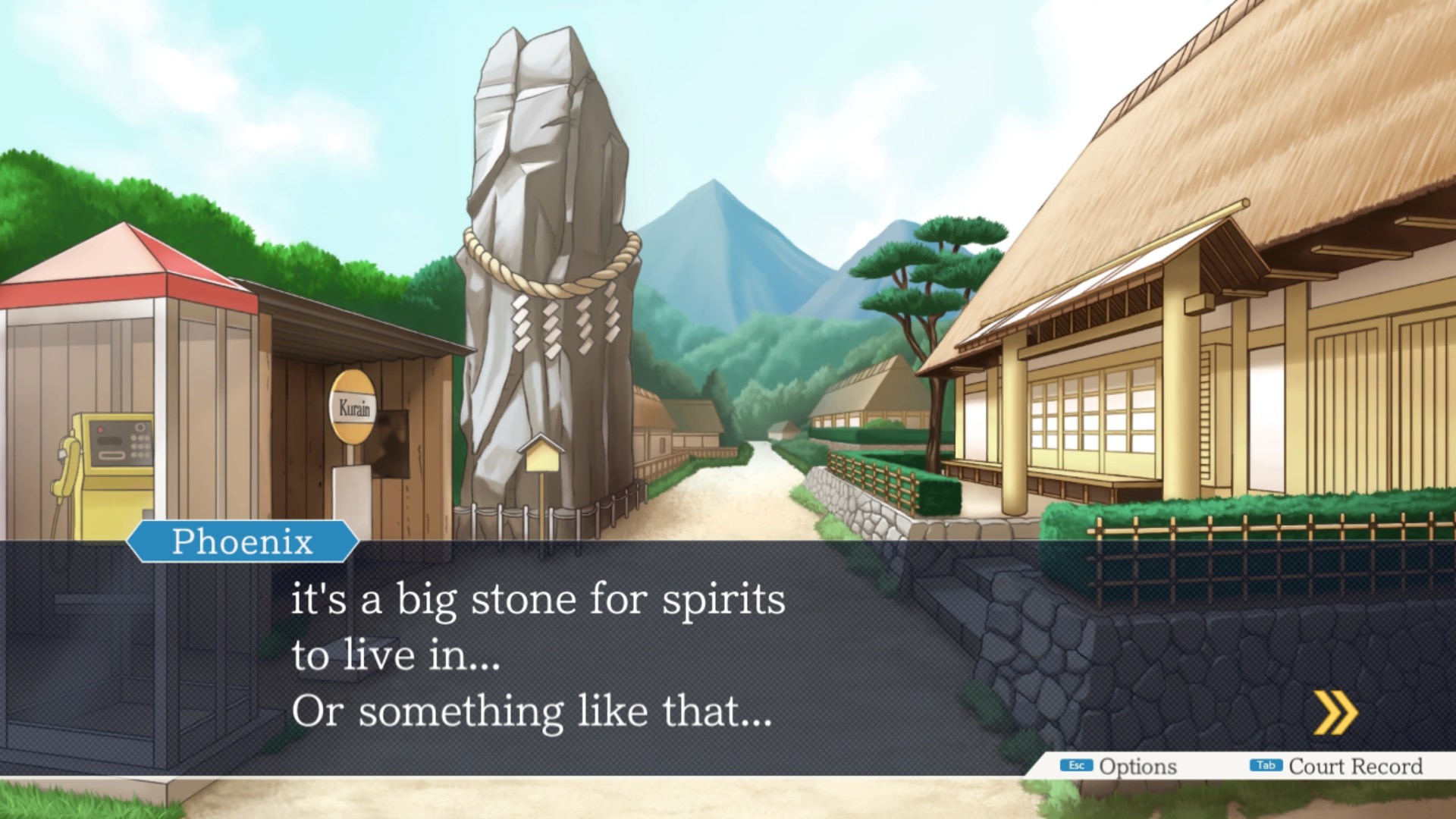 Kurain Phoenix it's a big stone for spirits to live in... Or something like that... Esc Options >>> Tab Court Record