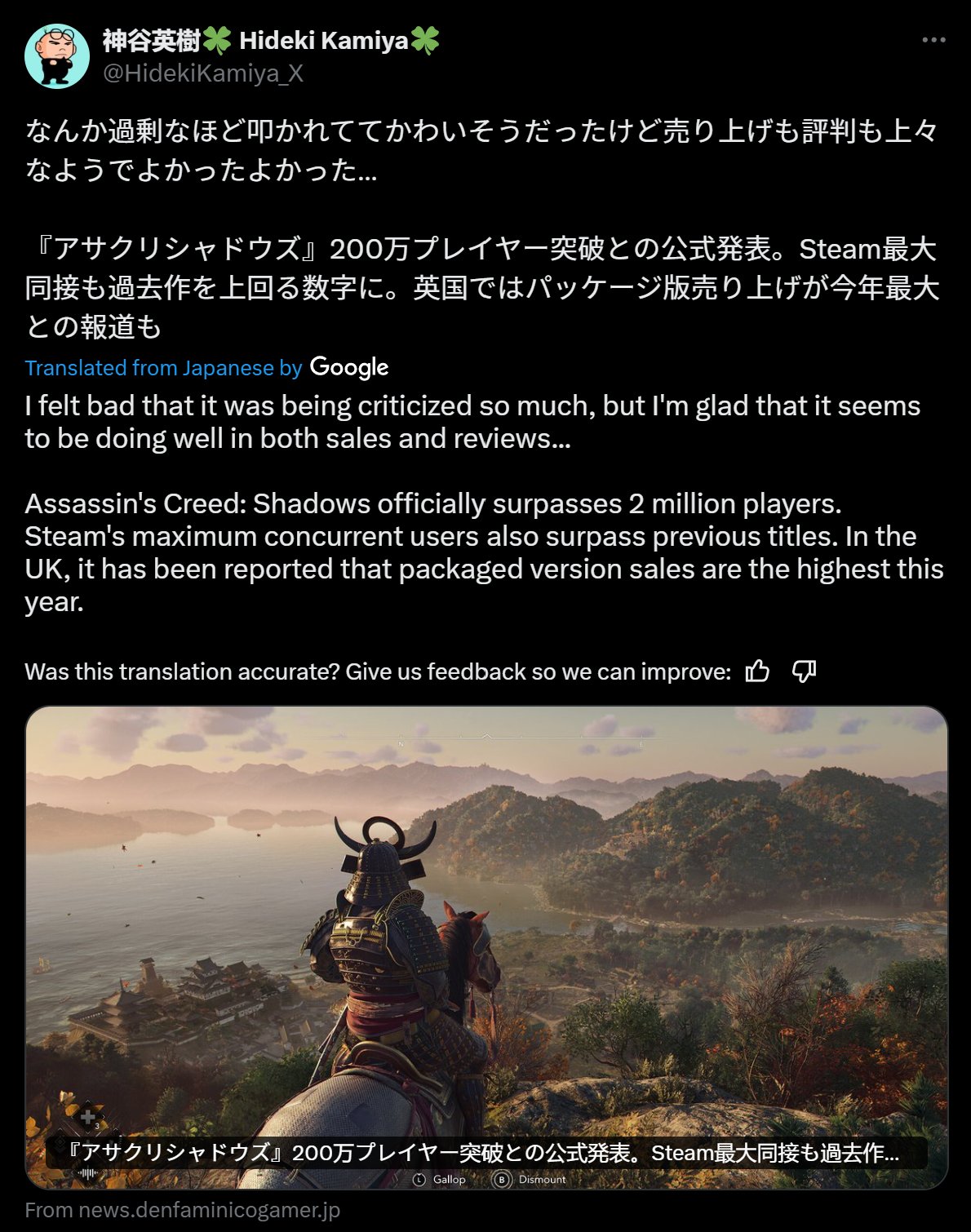 神谷英樹 Hideki Kamiya @HidekiKamiya_X なんか過剰なほど叩かれててかわいそうだったけど売り上げも評判も上々 なようでよかったよかった... 『アサクリシャドウズ』 200万プレイヤー突破との公式発表。 Steam最大 同接も過去作を上回る数字に。 英国ではパッケージ版売り上げが今年最大 との報道も Translated from Japanese by Google I felt bad that it was being criticized so much, but I'm glad that it seems to be doing well in both sales and reviews... Assassin's Creed: Shadows officially surpasses 2 million players. Steam's maximum concurrent users also surpass previous titles. In the UK, it has been reported that packaged version sales are the highest this year. Was this translation accurate? Give us feedback so we can improve: B 『アサクリシャドウズ』 200万プレイヤー突破との公式発表。 Steam最大同接も過去作... From news.denfaminicogamer.jp C Gallop B Dismount