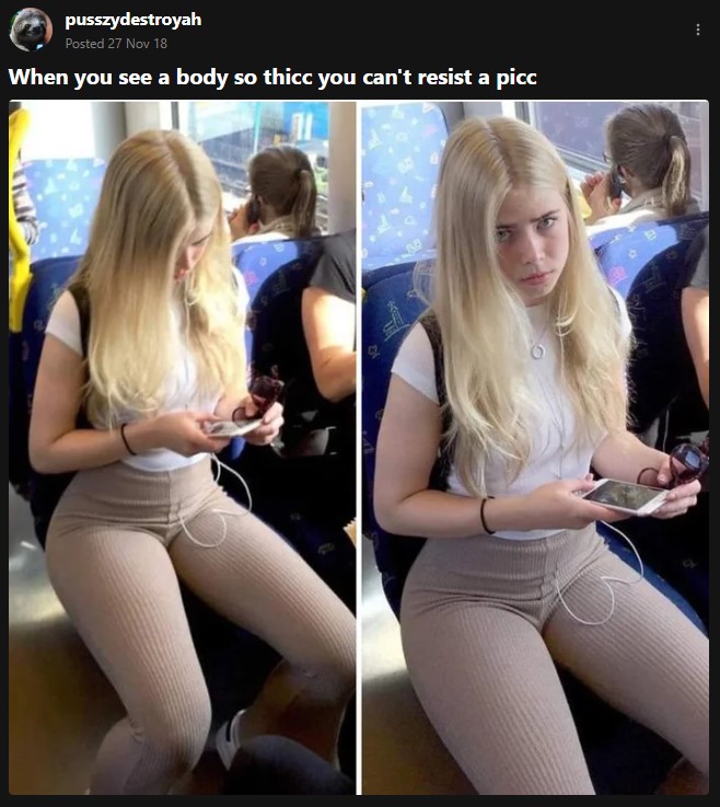 A photograph of a blonde girl sitting on a bus or train, looking up at a person taking a photo of her with an unamused expression. The meme reads, "When you see a body so thicc you can't resist a picc."