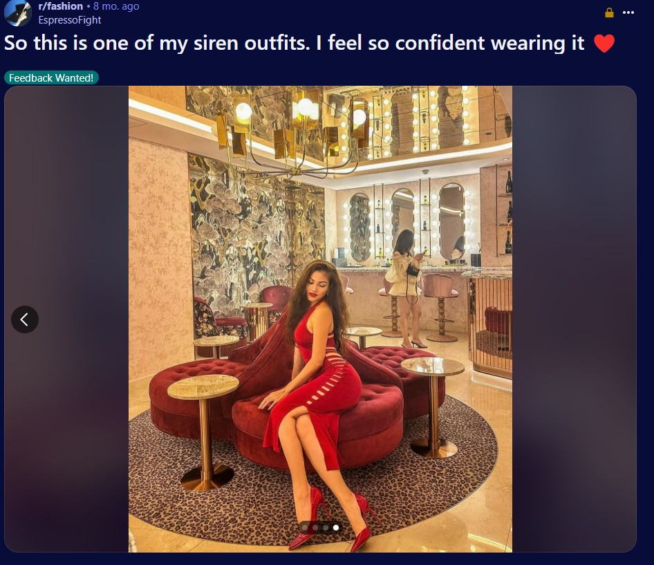 r/fashion ⚫8 mo. ago EspressoFight So this is one of my siren outfits. I feel so confident wearing it Feedback Wanted!