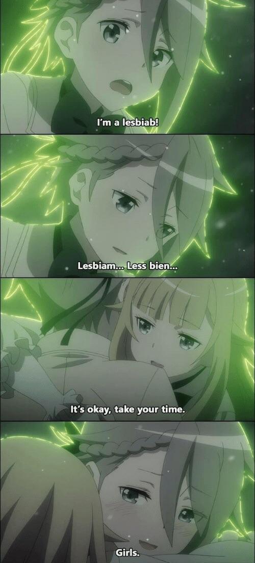玄 I'm a lesbiab! Lesbiam... Less bien... It's okay, take your time. Girls.
