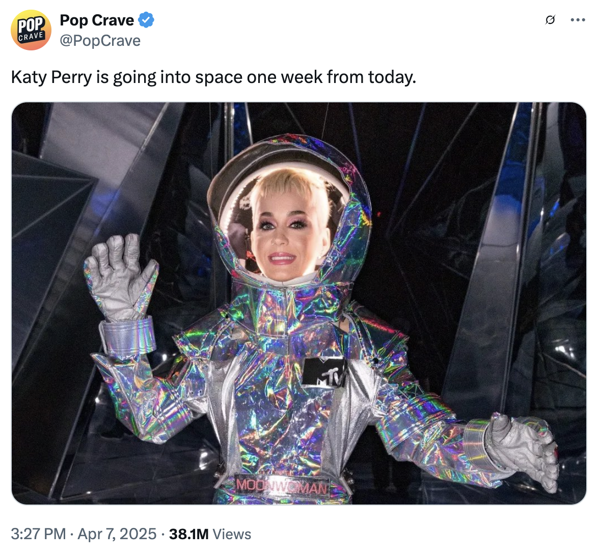 Pop Crave made a post on April 7th, 2025, announcing that she would be "going to space" with an all-female crew on Blue Origin's New Shepard NS-31 ship.