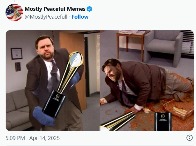 Mostly Peaceful Memes ✔ @MostlyPeacefull. Follow Mostly.Peaceful.Memes 5:09 PM Apr 14, 2025 O
