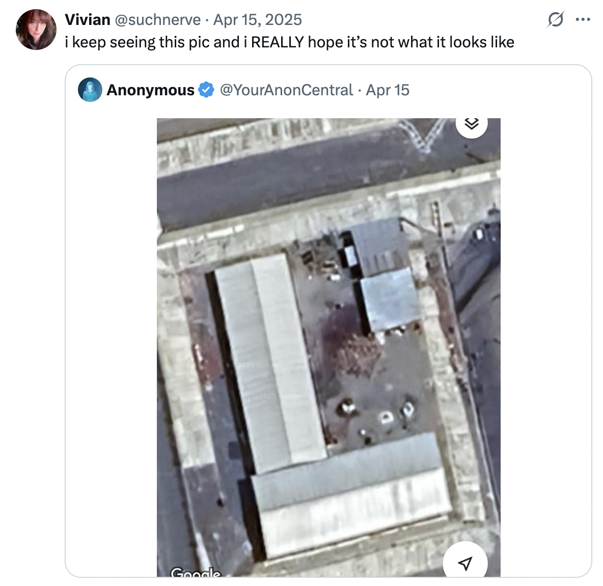 Several internet users reacted to the Google Earth satellite view of a yard within the El Salvador CECOT facility posted by X user @YourAnonCentral, with X user @suchnerve writing, "i keep seeing this pic and i REALLY hope it’s not what it looks like."