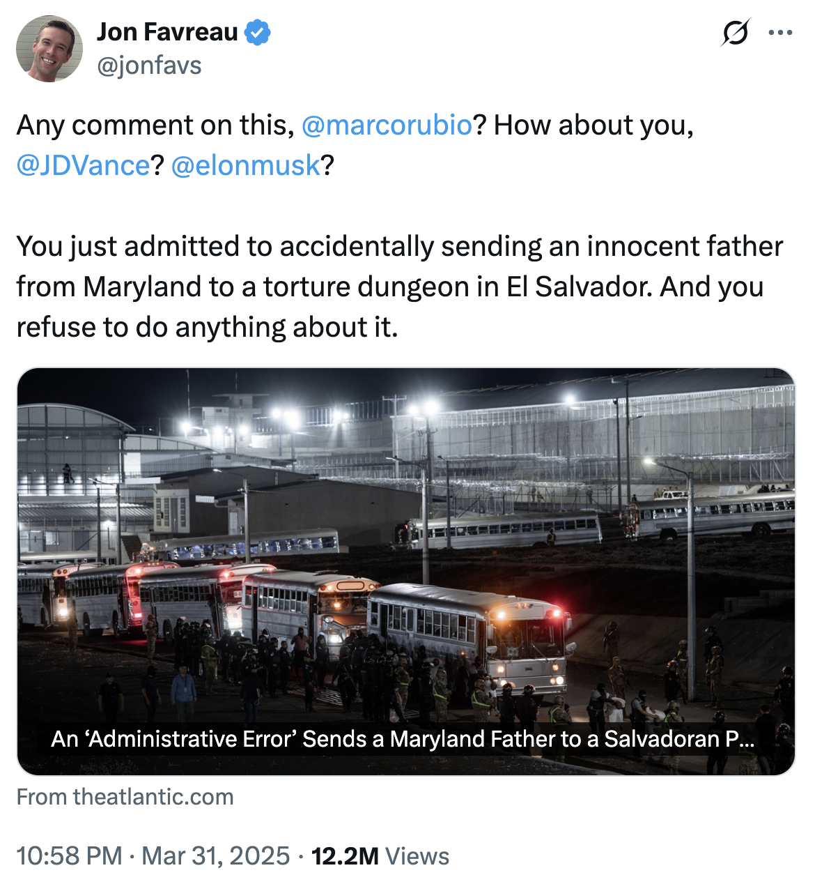 A "tweet":https://knowyourmeme.com/memes/sites/twitter-x tagging U.S. Secretary of State "Marco Rubio":https://knowyourmeme.com/memes/people/marco-rubio, U.S. Vice President "J.D. Vance":https://knowyourmeme.com/memes/people/jd-vance and "Elon Musk":https://knowyourmeme.com/memes/people/elon-musk, writing, "You just admitted to accidentally sending an innocent father from Maryland to a torture dungeon in El Salvador. And you refuse to do anything about it."