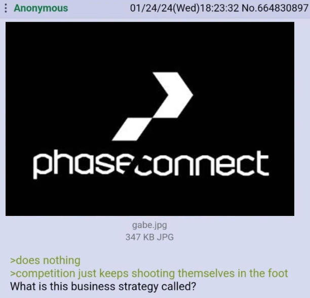 Anonymous 01/24/24(Wed)18:23:32 No.664830897 phase connect gabe.jpg 347 KB JPG >does nothing >competition just keeps shooting themselves in the foot What is this business strategy called?