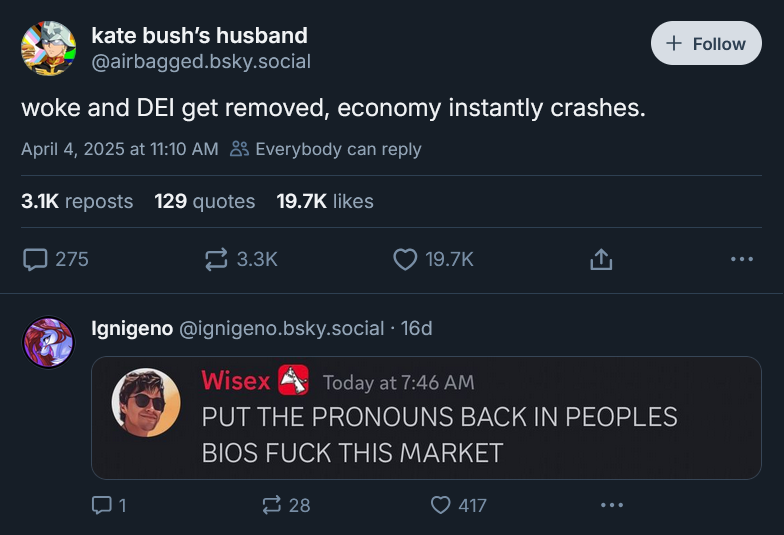 kate bush's husband @airbagged.bsky.social woke and DEI get removed, economy instantly crashes. April 4, 2025 at 11:10 AM Everybody can reply 3.1K reposts 129 quotes 19.7K likes 275 3.3K + Follow 19.7K ... Ignigeno @ignigeno.bsky.social . 16d Wisex Today at 7:46 AM PUT THE PRONOUNS BACK IN PEOPLES BIOS F--- THIS MARKET Q1 28 417
