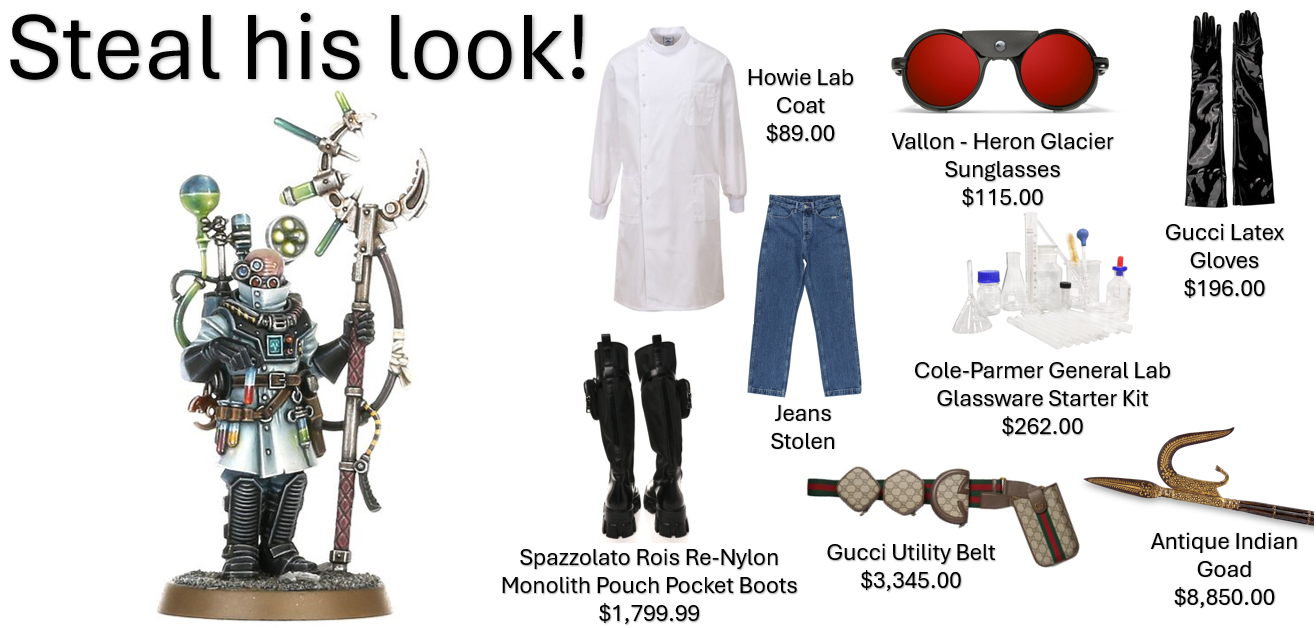 Steal his look! Howie Lab Coat $89.00 Vallon-Heron Glacier Sunglasses $115.00 Jeans Stolen Cole-Parmer General Lab Glassware Starter Kit $262.00 FT Spazzolato Rois Re-Nylon Monolith Pouch Pocket Boots $1,799.99 Gucci Utility Belt $3,345.00 Gucci Latex Gloves $196.00 Antique Indian Goad $8,850.00