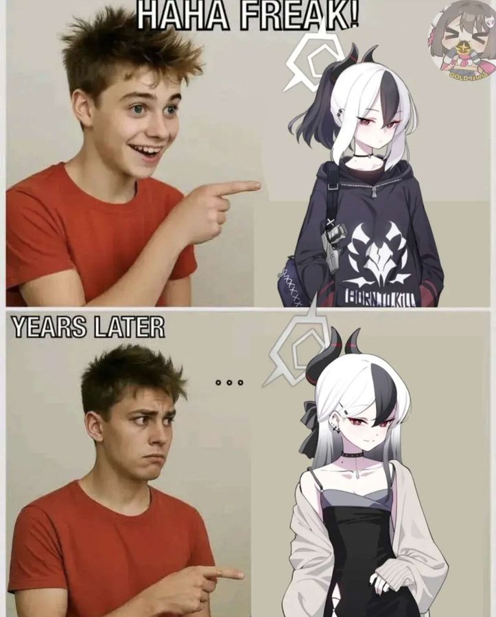 A version of the "haha freak" meme. The meme replaces the goth girl with Kayoko from Blue ARchive.