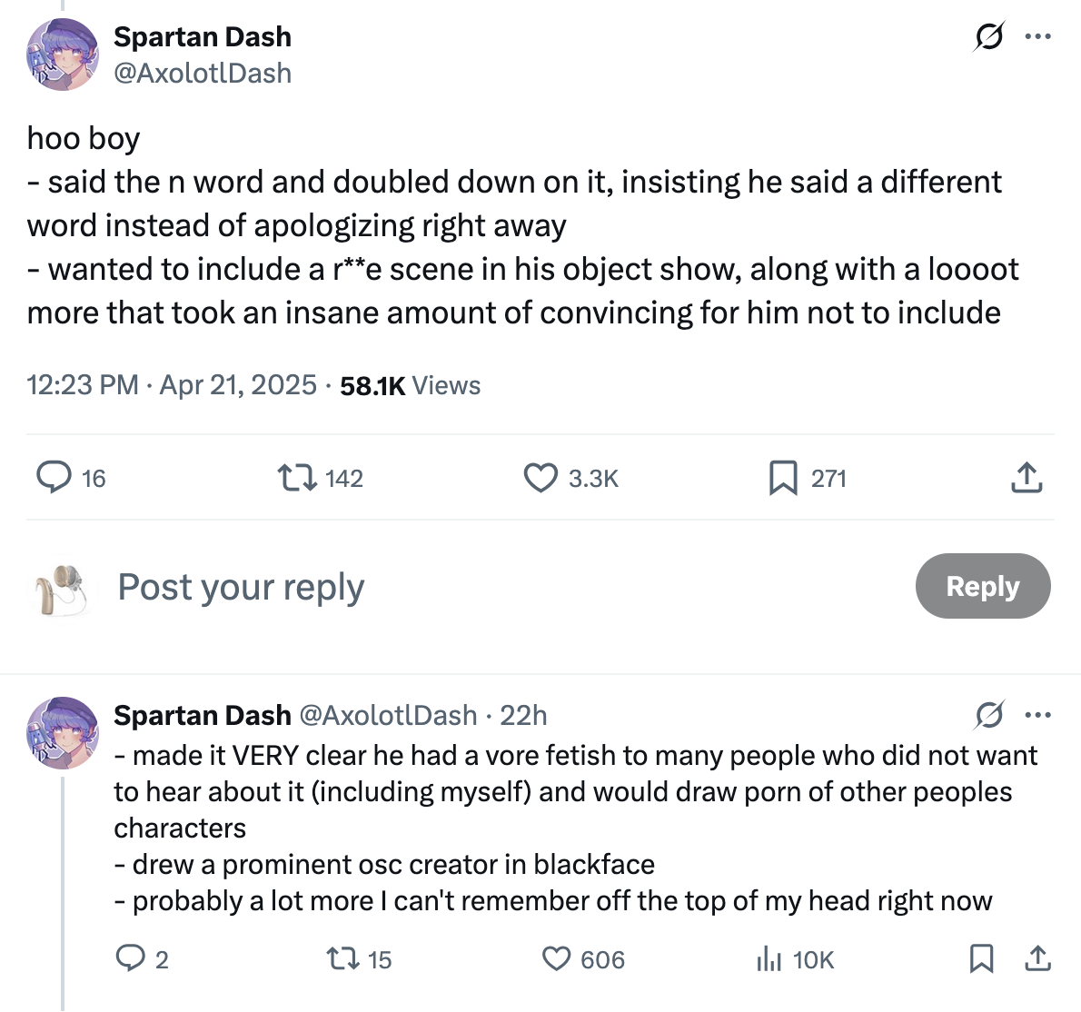 X user and object show community member @AxolotlDash gave an account of why LegoBoyNJ AKA Shallothare was "cancelled" from the OSC community, claiming that he said a racial slur, tried to insert a shocking scene in his animations, and shared his vore fetish with people who did not want to hear about it.