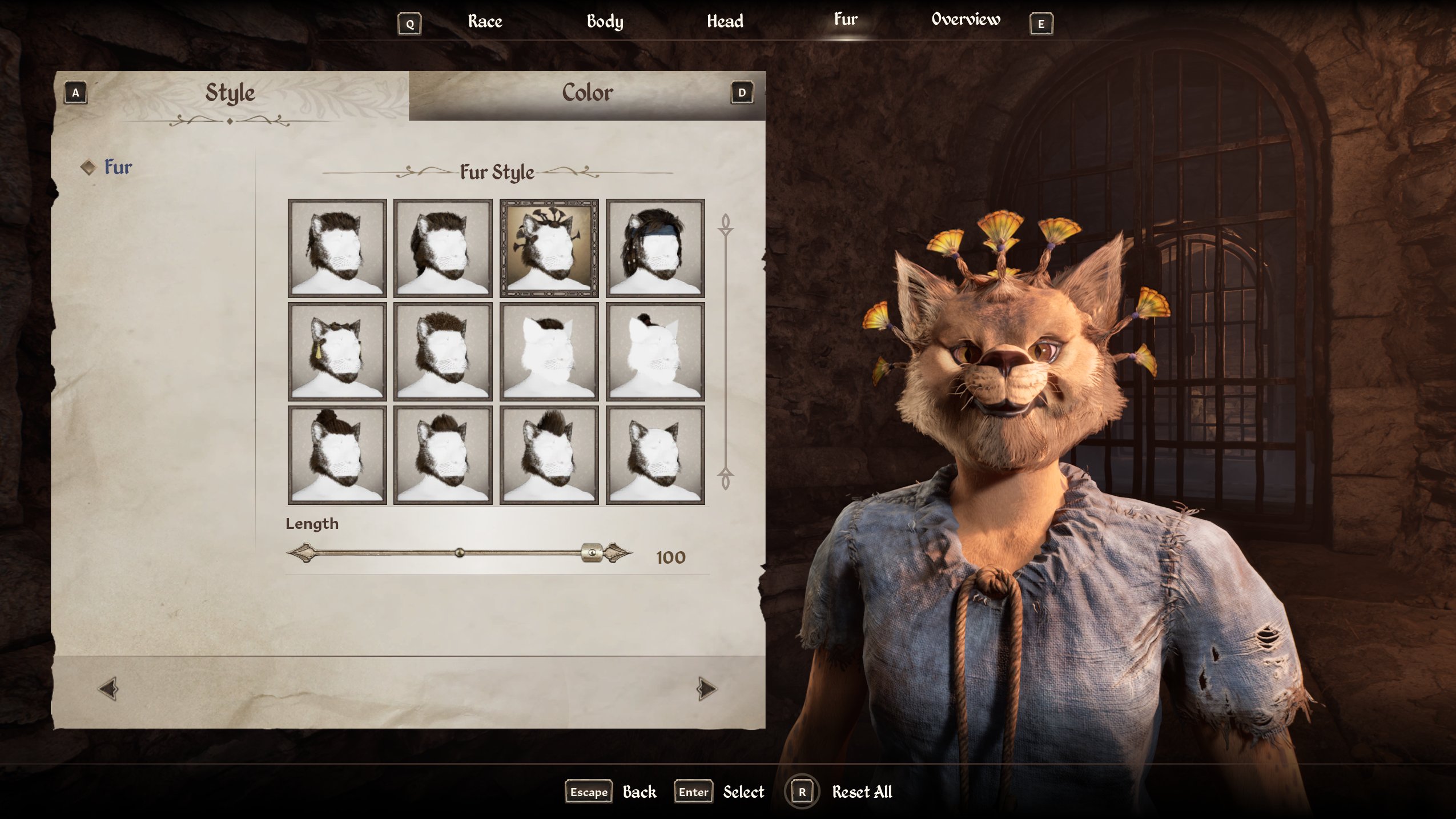 A Style Fur Length Q Race Body Head Fur Overview E Fur Style Color D 100 e Escape Back Enter Select R Reset All