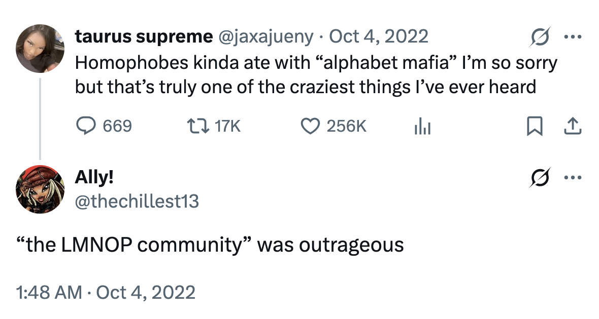 A "tweet":https://knowyourmeme.com/memes/sites/twitter-x about the "slang":https://knowyourmeme.com/memes/internet-slang term "LMNOP" meaning "LGBTQ+":https://knowyourmeme.com/memes/cultures/lgbtq.