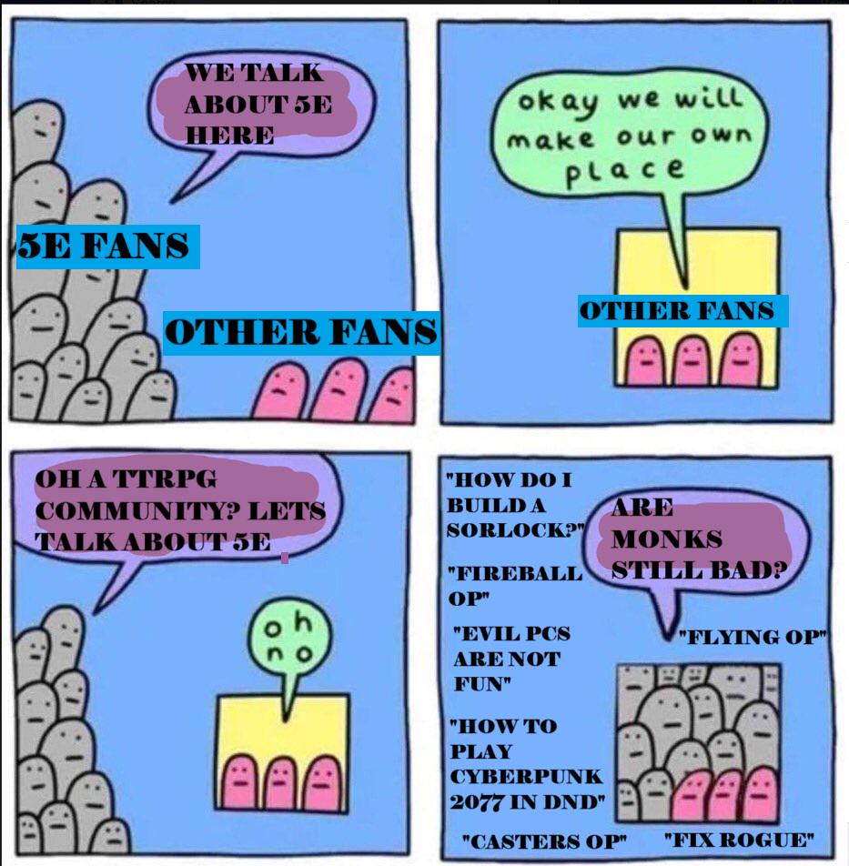 WE TALK ABOUT 5E HERE okay we will make our own place 5E FANS OTHER FANS AAA OTHER FANS OHA TTRPG COMMUNITY? LETS TALK ABOUT 5E 1: "HOW DO I BUILD A SORLOCK?" "FIREBALL OP" "EVIL PCS ARE NOT FUN" "HOW TO PLAY CYBERPUNK 2077 IN DND" ARE MONKS STILL BAD? "CASTERS OP" V-FLYING OF "FLYING OP" 自問 "FIX ROGUE"