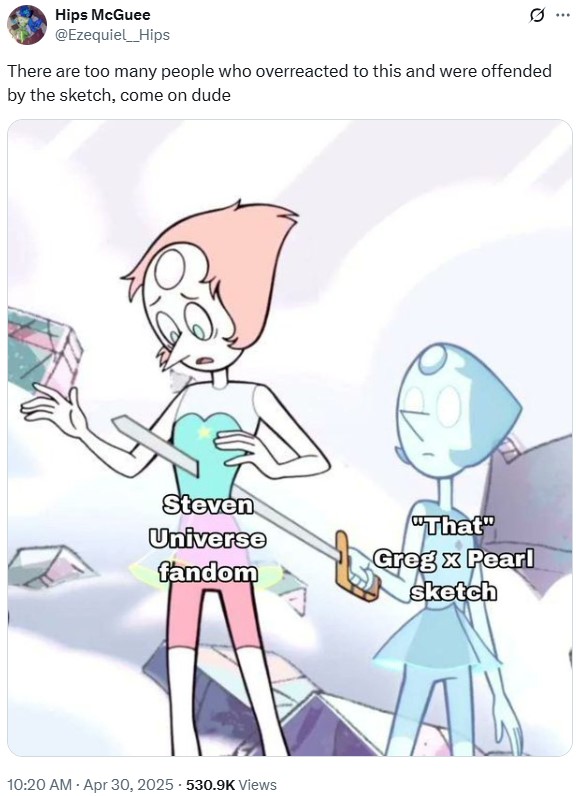 A post reading, "There are too many people who overreacted to this and were offended by the sketch, come on dude." The post is by @exequiel___Hips.