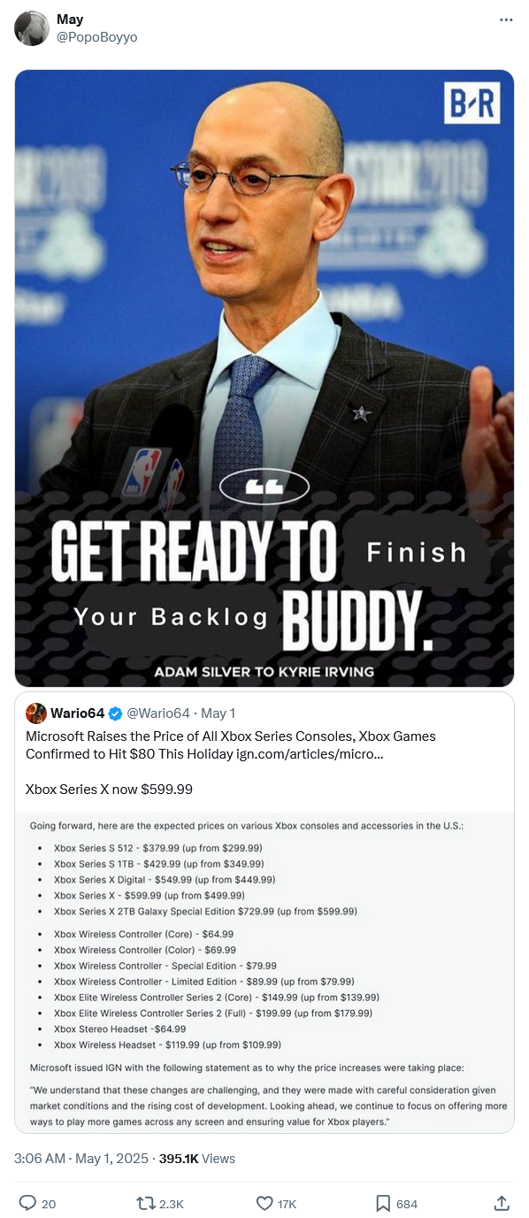 May @PopoBoyyo * B-R GET READY TO Finish Your Backlog BUDDY. ADAM SILVER TO KYRIE IRVING Wario64 @Wario64. May 1 Microsoft Raises the Price of All Xbox Series Consoles, Xbox Games Confirmed to Hit $80 This Holiday ign.com/articles/micro... Xbox Series X now $599.99 Going forward, here are the expected prices on various Xbox consoles and accessories in the U.S.: ⚫ Xbox Series S 512- $379.99 (up from $299.99) Xbox Series S 1TB $429.99 (up from $349.99) • Xbox Series X Digital $549.99 (up from $449.99) ⚫ Xbox Series X - $599.99 (up from $499.99) • Xbox Series X 2TB Galaxy Special Edition $729.99 (up from $599.99) Xbox Wireless Controller (Core) - $64.99 • Xbox Wireless Controller (Color) - $69.99 • Xbox Wireless Controller - Special Edition - $79.99 • Xbox Wireless Controller - Limited Edition - $89.99 (up from $79.99) Xbox Elite Wireless Controller Series 2 (Core) - $149.99 (up from $139.99) ⚫ Xbox Elite Wireless Controller Series 2 (Full) - $199.99 (up from $179.99) • Xbox Stereo Headset -$64.99 - • Xbox Wireless Headset $119.99 (up from $109.99) Microsoft issued IGN with the following statement as to why the price increases were taking place: "We understand that these changes are challenging, and they were made with careful consideration given market conditions and the rising cost of development. Looking ahead, we continue to focus on offering more ways to play more games across any screen and ensuring value for Xbox players." 3:06 AM - May 1, 2025 395.1K Views 20 2.3K 17K 684 ↑