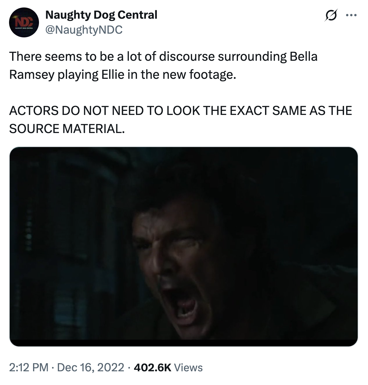 A "tweet":https://knowyourmeme.com/memes/sites/twitter-x about people's belief that Bella Ramsey was miscast as Ellie Williams in "_The Last of Us_":https://knowyourmeme.com/memes/subcultures/the-last-of-us series HBO series, because of her appearance.
