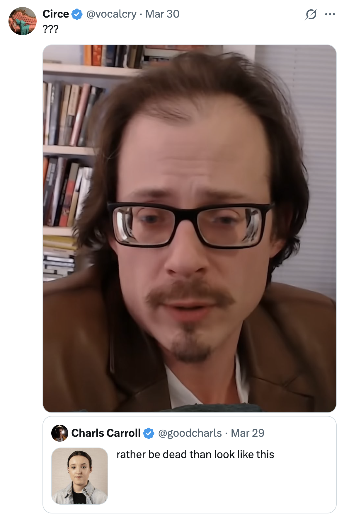 A "quote-tweet":https://knowyourmeme.com/memes/quote-retweets-qrts of Charls Carrol's "tweet":https://knowyourmeme.com/memes/sites/twitter-x about Bella Ramsey's face.