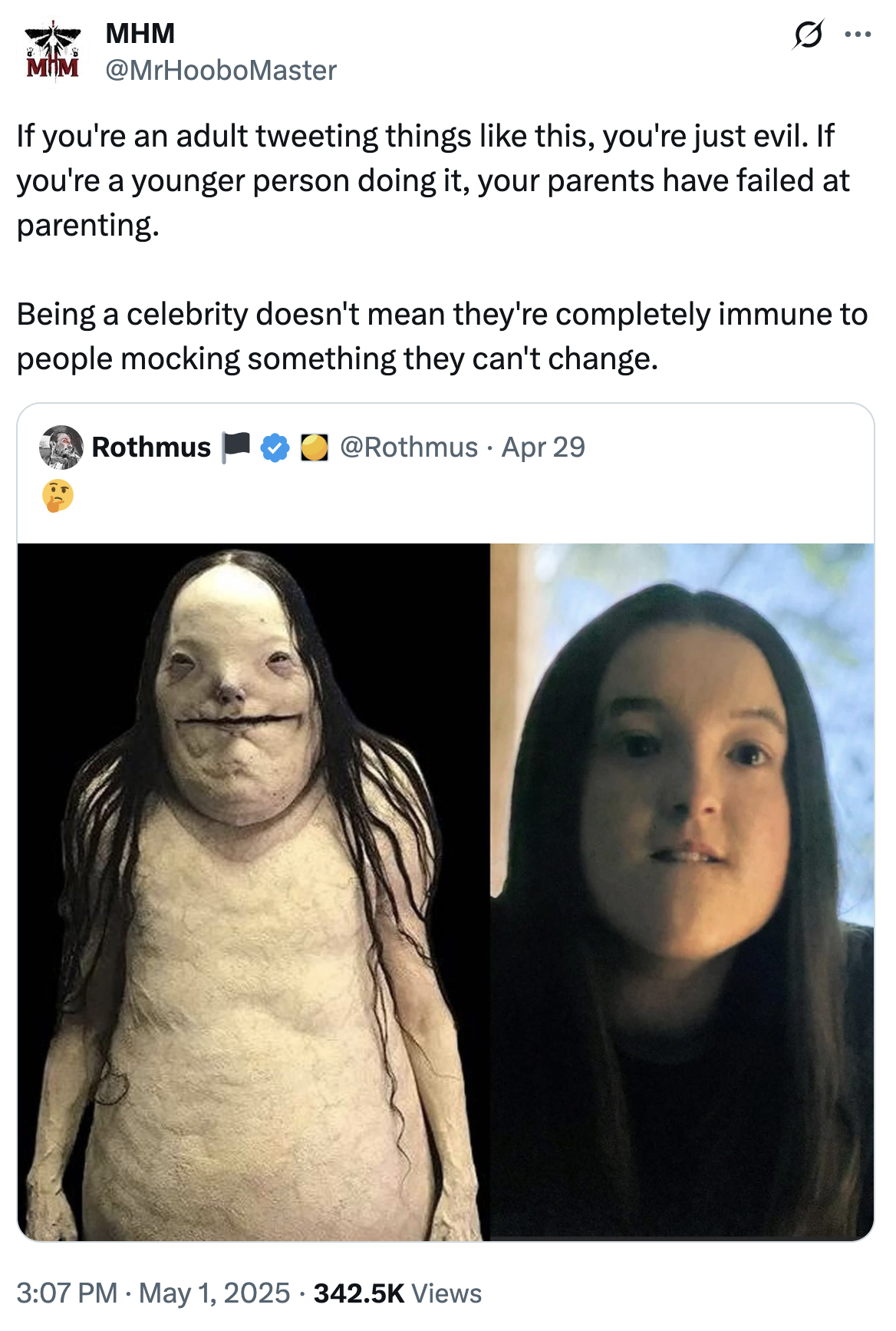 A "quote-tweet":https://knowyourmeme.com/memes/quote-retweets-qrts of a "meme":https://knowyourmeme.com/memes/memes comparing "_The Last of Us_":https://knowyourmeme.com/memes/subcultures/the-last-of-us-hbo-series actor Bella Ramsey to the Pale Lady from _Scary Stories to Tell in the Dark_.
