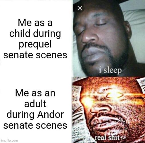 Me as a child during prequel senate scenes X Me as an adult during Andor senate scenes imgflip.com i sleep real s---