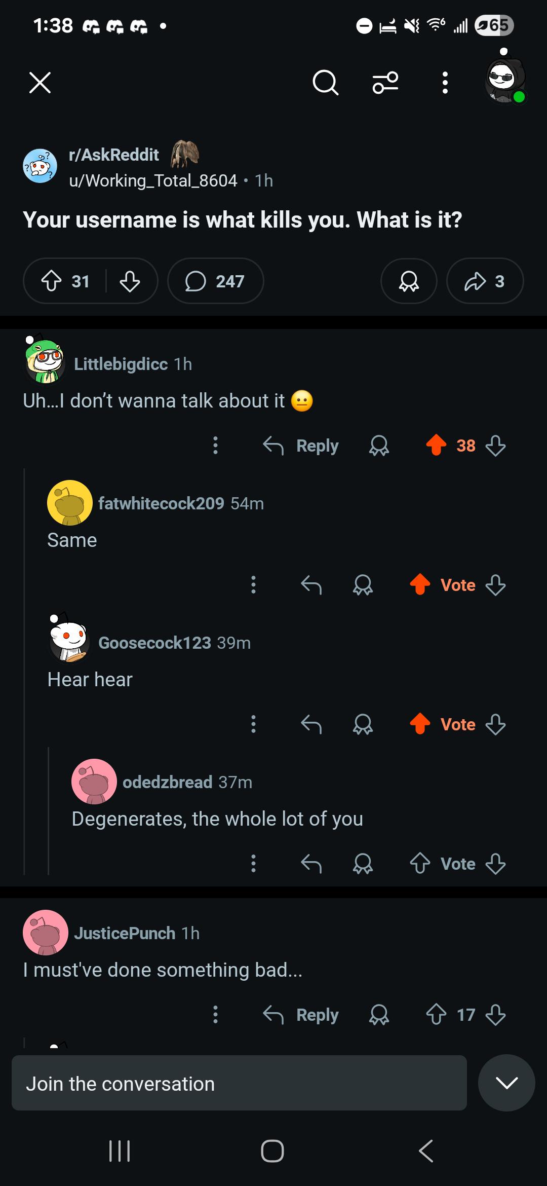 1:38 GGG Х Q 잉 r/AskReddit u/Working_Total_8604 • 1h Your username is what kills you. What is it? 31 ♡ 247 Littlebigdicc 1h Uh...I don't wanna talk about it Same fatwhitecock209 54m Goosecock123 39m Hear hear 65 Q 3 ← Reply 38 odedzbread 37m Degenerates, the whole lot of you JusticePunch 1h I must've done something bad... Join the conversation Vote Vote Vote ← Reply 17 ||| О < L