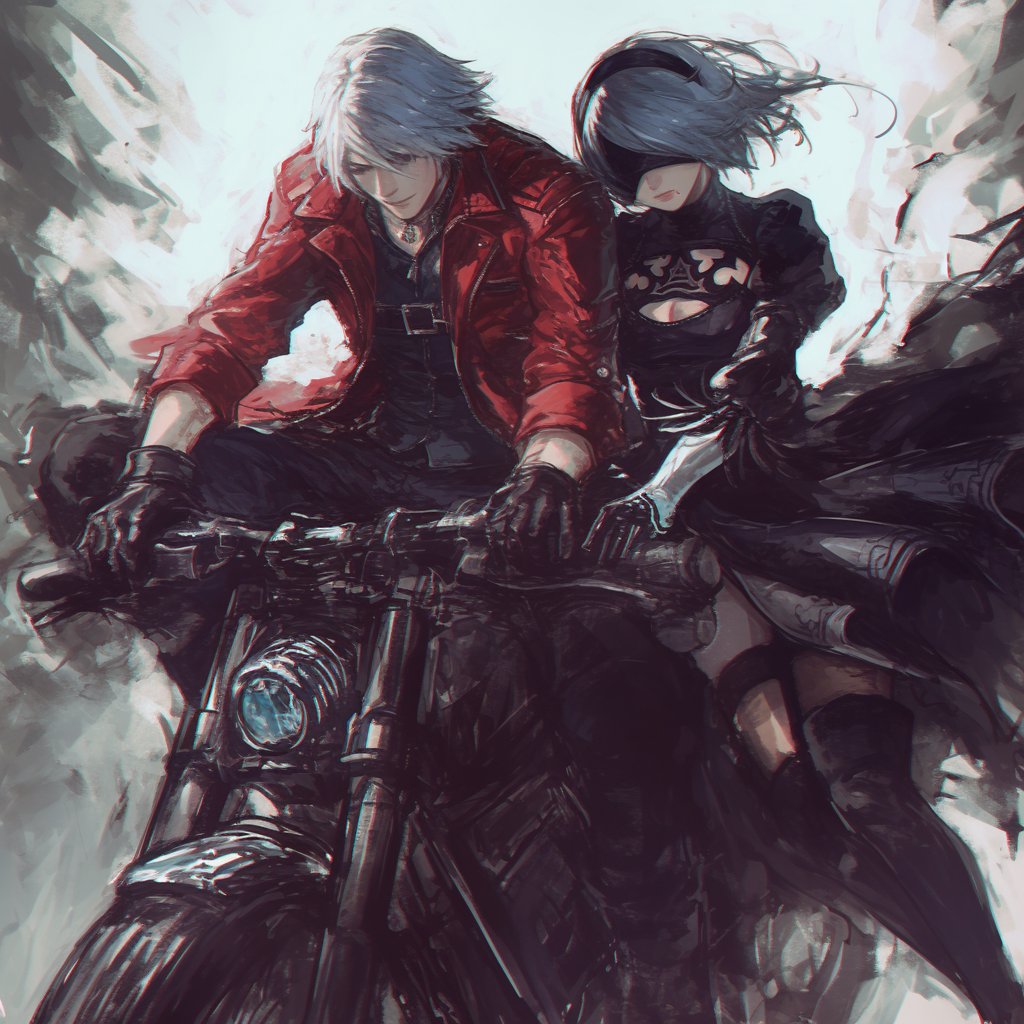 Dante and 2B speed off on a motorcycle.