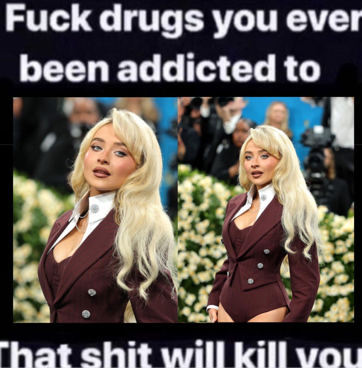 Meme warning about dangers of consuming too much Sabrina Carpenter.