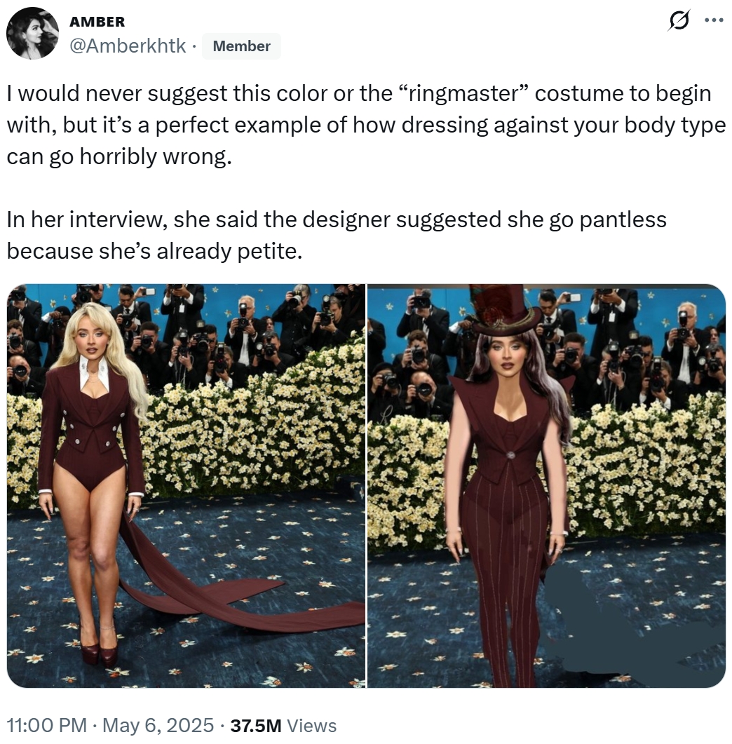 User criticizes Sabrina Carpenter's Met Gala outfit