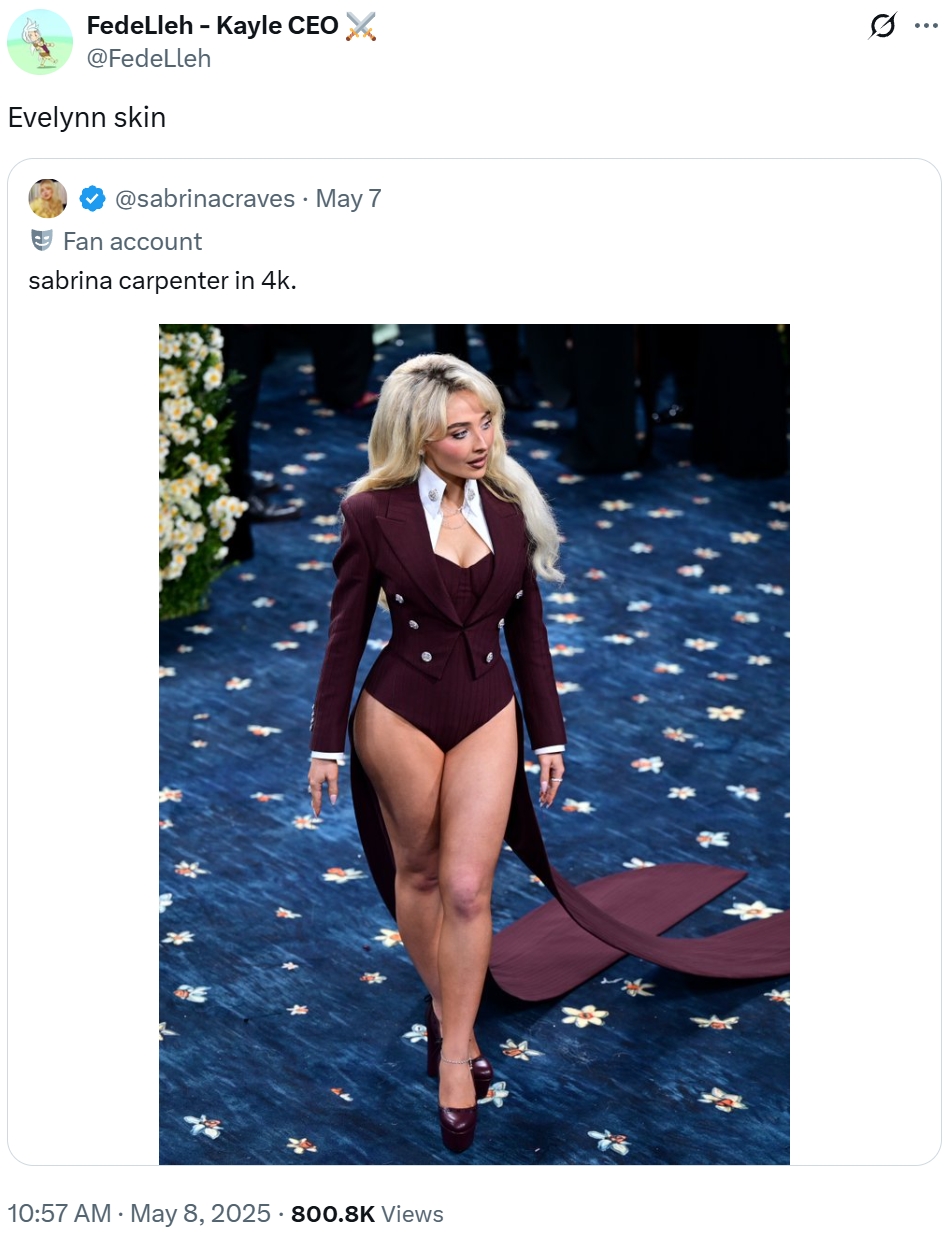 A meme comparing Sabrina Carpenter's 2025 Met Gala outfit to a _League of Legends_ skin for the character Evelynn.