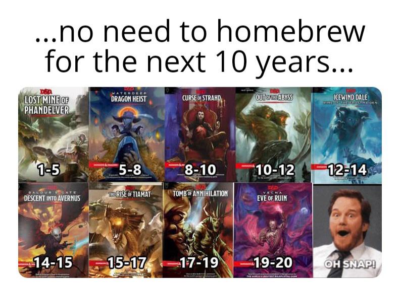 ...no need to homebrew for the next 10 years... LOST MINE OF PHANDELVER DRAGON HEIST CURSE OF STRAHD OUT OF THE ABYSS ICEWIND DALE 1-5 5-8 8-10 10-12 12-14 BALDUR DESCENT INTO AVERNUS THE RISE OF TIAMAT TOMB OF ANNIHILATION EVE OF RUIN 14-15 15-17 17-19 19-20 OH SNAP!
